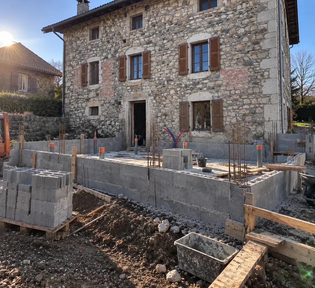 Chantier d’extension en parpaing devant une maison en pierre du bassin annécien